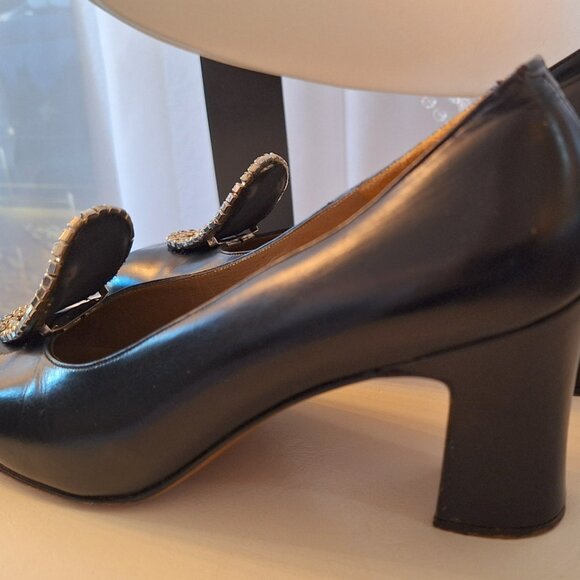 Vintage Ferragamo Black Leather Pumps Heels with Vintage Rhinestone Toe Clips - Picture 10 of 11